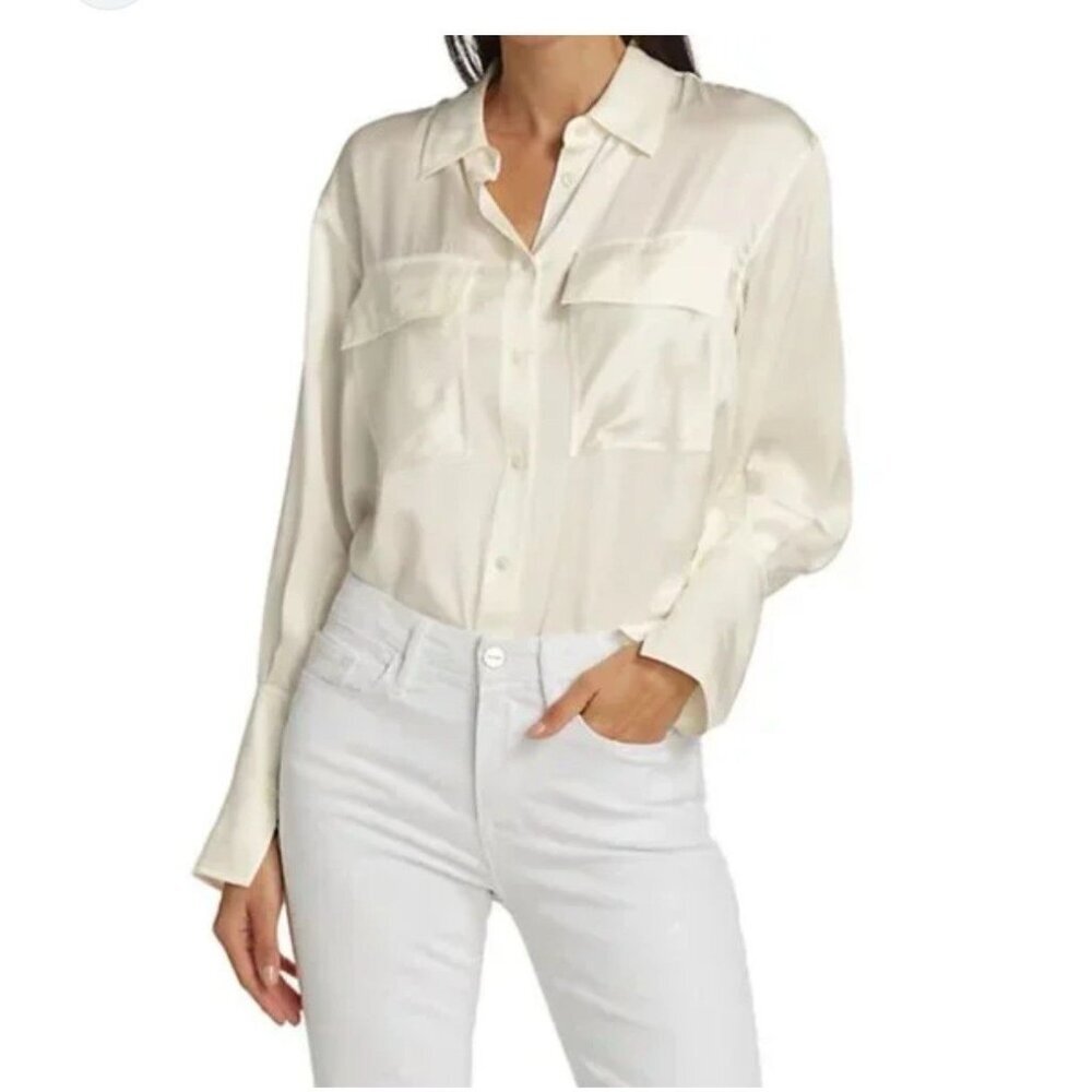 FRAME Boyfriend Silk Button Up Blouse Shirt Size Large Off White